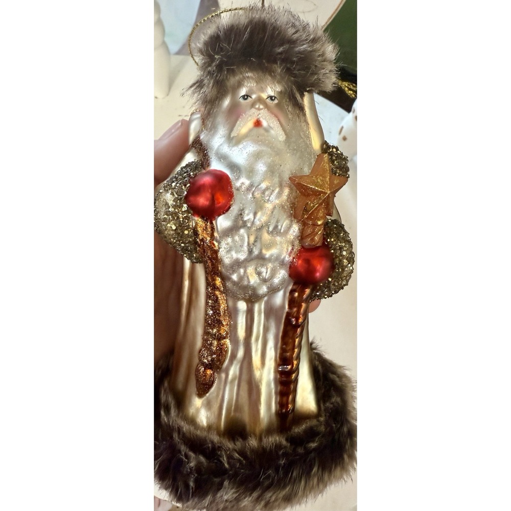 Vintage Style Santa Glass Ornament Fur Trim Teddy Bear Gifts